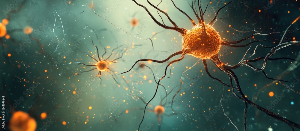 Poster glowing human brain with active neuron connections and abstract background offering space for inform