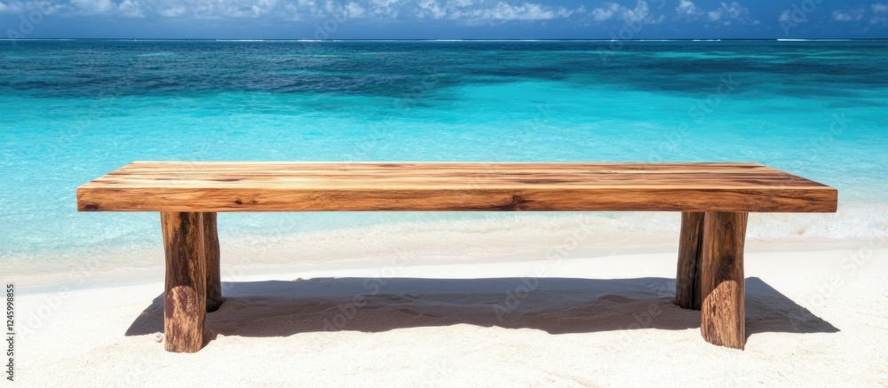 Poster scenic empty wooden table on tropical beach with clear ocean background ideal for text placement and