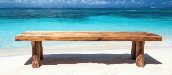 Scenic Empty Wooden Table on Tropical Beach with Clear Ocean Background Ideal for Text Placement and Relaxation Themes