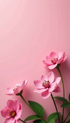 Naklejka premium Delicate pink flowers blooming in a lush garden on a soft pink background, nature, gentle