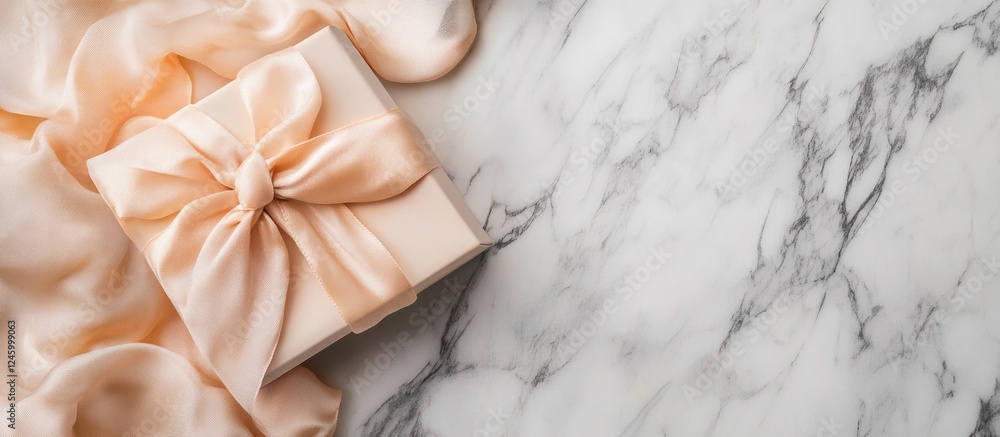 Poster elegant gift box adorned with peach fabric on a luxurious marble backdrop featuring ample empty spac