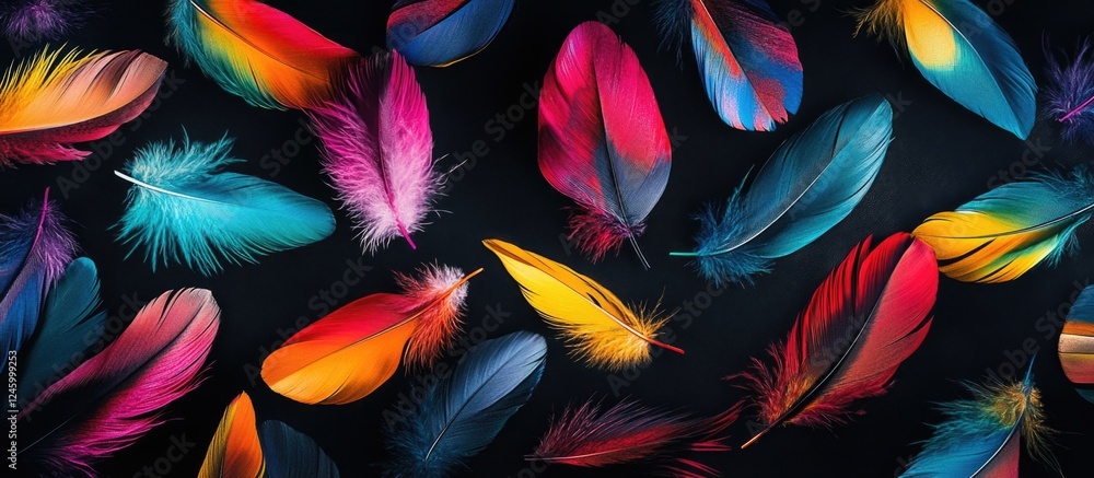 Poster colorful assorted feathers on a dark background creating a vibrant and artistic composition for crea
