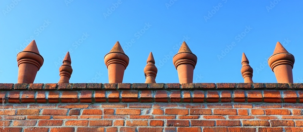 Poster decorative red brick wall with pointed caps against a clear blue sky creating a striking architectur