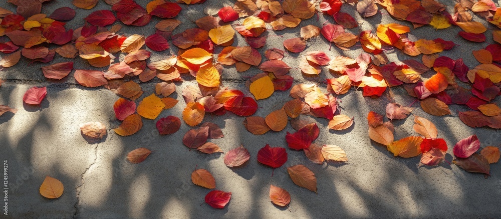 Poster autumn leaves scattered on a concrete sidewalk creating a vibrant and colorful natural pattern in so