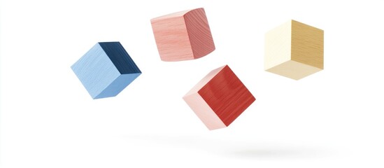 Wooden geometric cube blocks in various colors flying against a white background ideal for toddler play and educational toys.