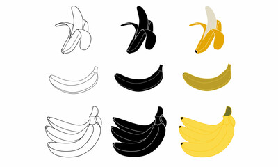 A collection of banana icons in outline, solid black, and colored styles. Perfect for food, fruit, healthy eating, and tropical-themed designs.
