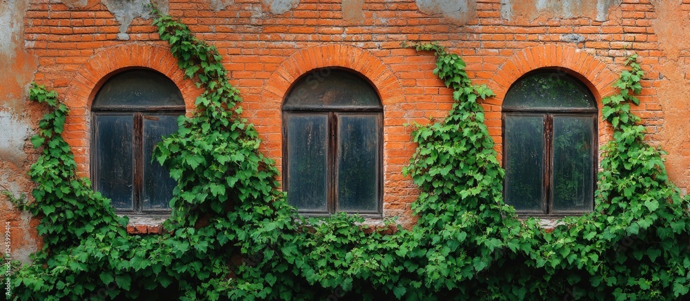 Aufkleber red vintage brick wall with arched windows covered in green ivy creating a textured background for d