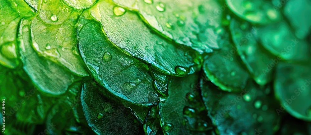 Poster lush fern leaves with water droplets creating an abstract green texture background for natural and b