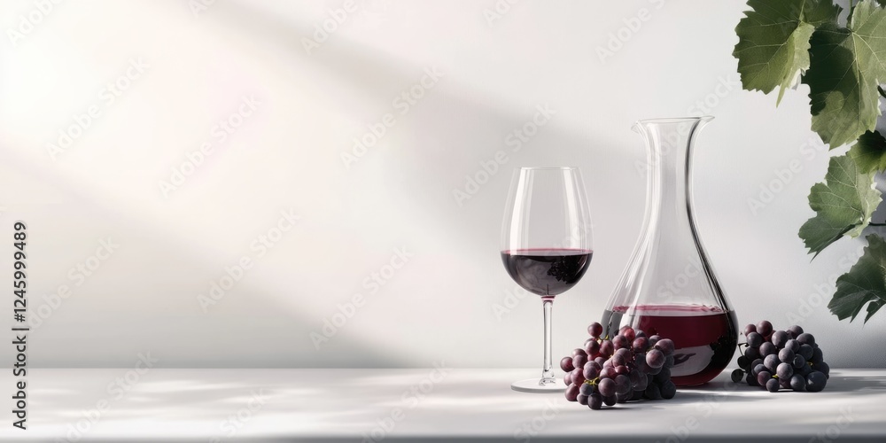 Poster elegant red wine carafe and glass on white table with ripe grapes and empty space for text or labeli