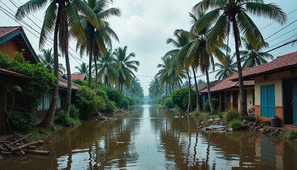 Obraz premium Tranquil Tropical Canal Winding Through Lush Greenery with Charming Waterside Houses