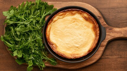 A round, golden-brown baked dish sits on a wooden board alongside fresh greens, showcasing a delicious meal ready to be enjoyed.
