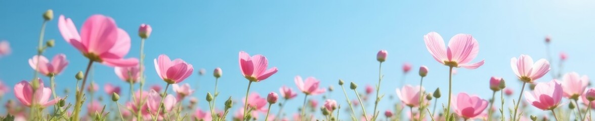 Fototapeta premium delicate pink meadow pea blooms against a blue sky, blossom, flowers