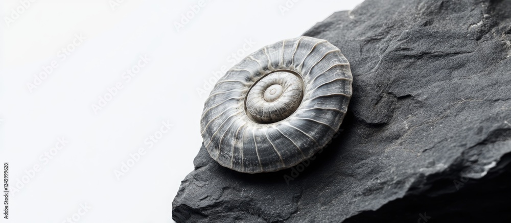 Poster fossilized ammonite shell resting on dark grey rock showcasing intricate details against a clean whi