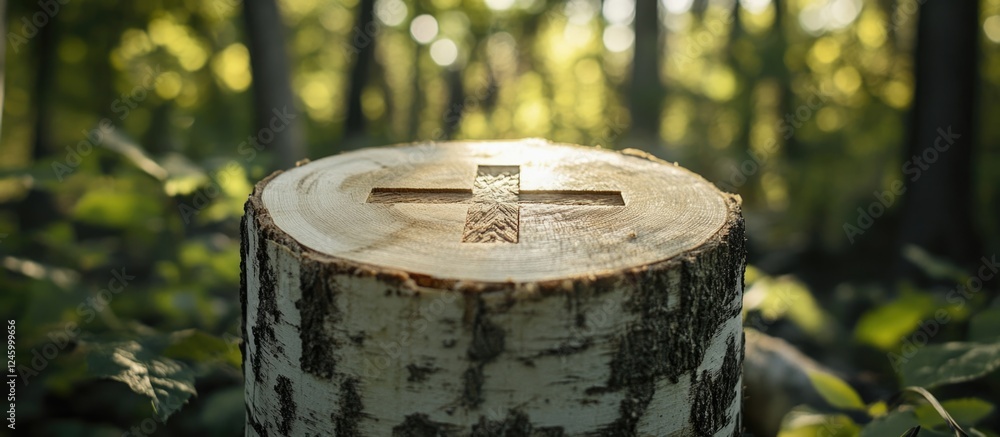 Poster cross-section of birch tree stump displaying intricate cut surface texture and cross-shaped crack, s