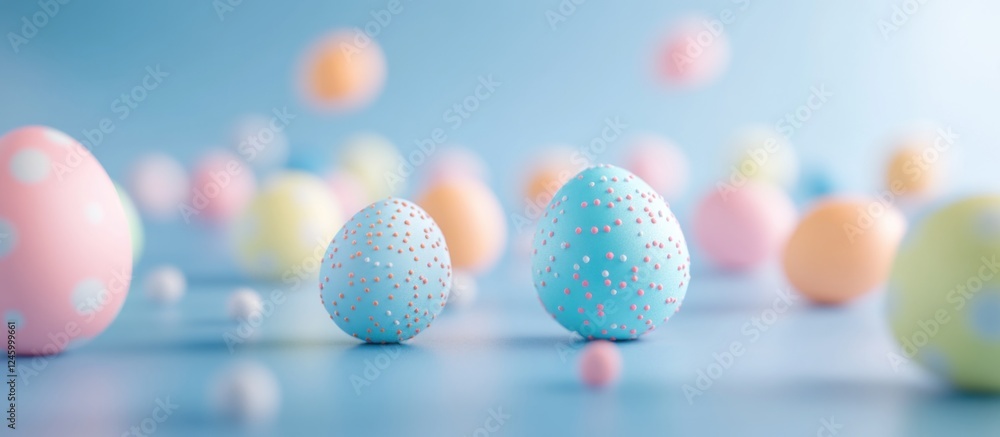Poster colorful easter eggs scattered on a soft blue background with a selective focus creating a festive a