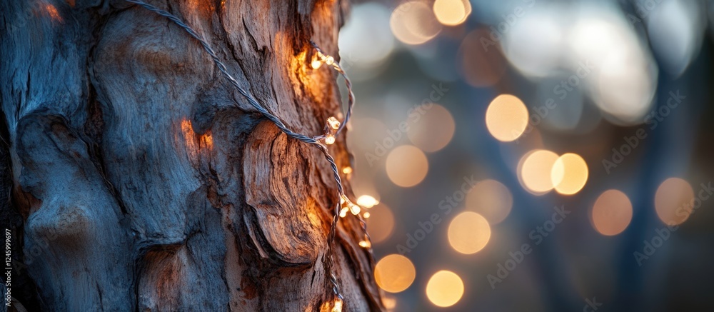 Aufkleber fairy lights adorning a tree trunk creating a warm and enchanting atmosphere during twilight hours.