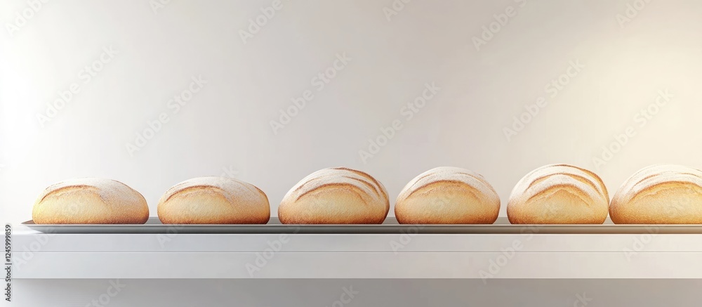 Poster freshly baked loaves of bread arranged neatly on a shelf with ample empty space for text and flour p