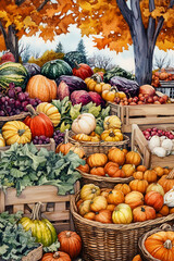 A vibrant farmer's market display featuring a variety of fresh, colorful vegetables and pumpkins surrounded by autumn foliage, perfect for celebrating the harvest season.