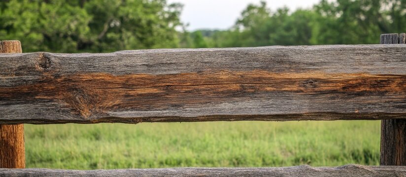 Wooden fence with natural texture and weathered appearance amidst a lush green landscape under soft daylight conditions.