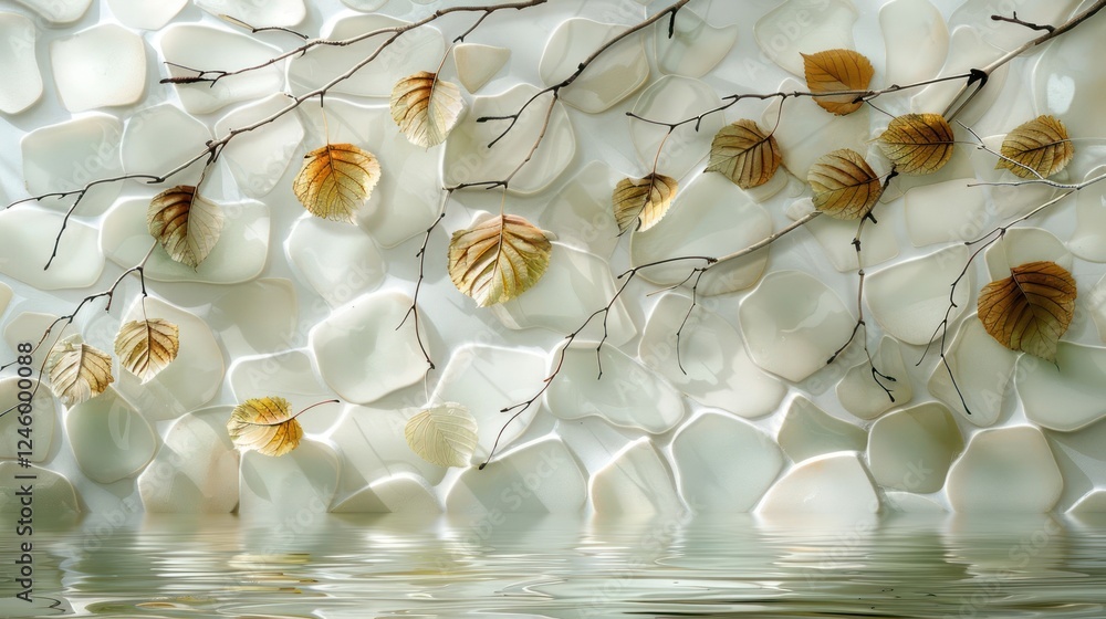 Poster serene composition of smooth stones with autumn leaves and gentle water reflection in calm setting