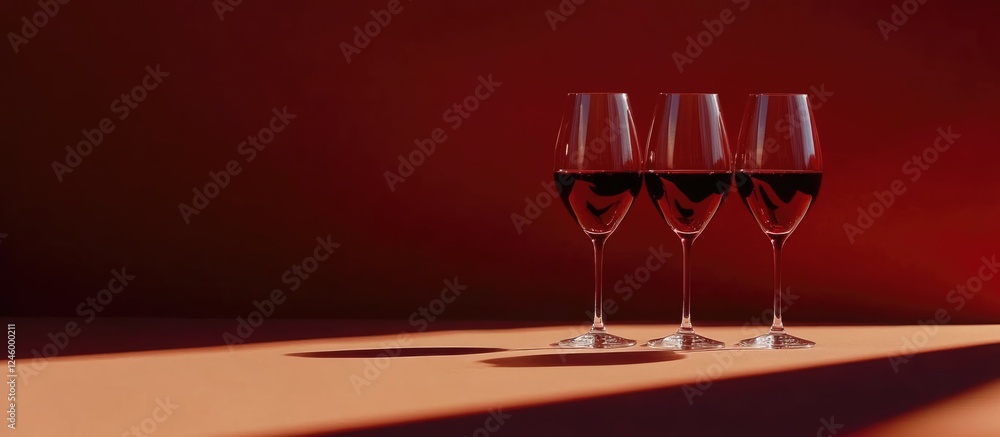 Poster Glasses of red wine on a table against a warm background with ample empty space for text or branding placement