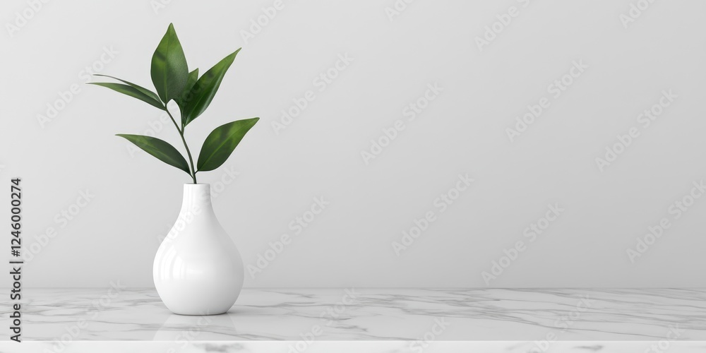 Aufkleber elegant white ceramic vase with greenery on marble surface minimalistic design with empty space for 
