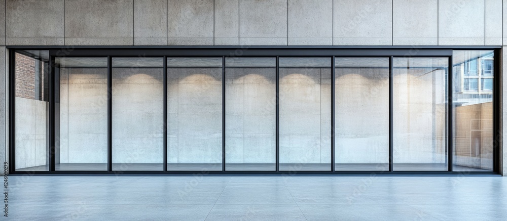 Poster modern office space with floor to ceiling windows providing ample natural light and minimalistic des