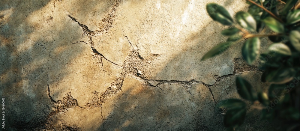 Poster stone texture fragment featuring scratches and cracks with natural background elements and green fol