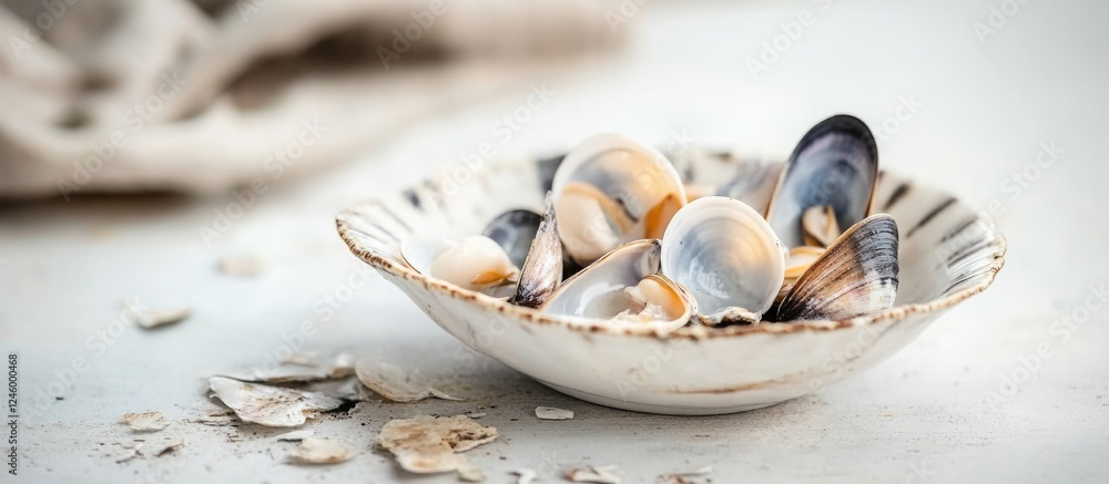 Aufkleber fresh uncooked mussels and empty shells on a ceramic plate with selective focus and blank space for 