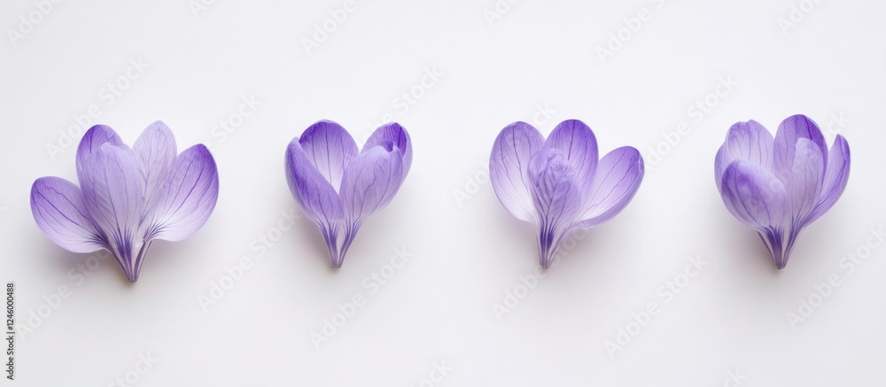 Poster four delicate lilac crocus flowers arranged on a white background providing ample space for text ove
