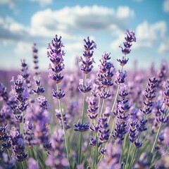 Naklejka premium Lush Lavender Field Under Beautiful Cloudy Sky in Summer Season