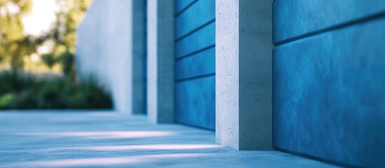 Fototapeta premium Modern garage door design featuring a blue roll-up door with smooth concrete textures and natural lighting for a contemporary aesthetic.