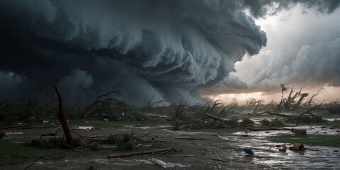 The landscape is in ruins after a powerful storm passed through, leaving destruction and debris.
