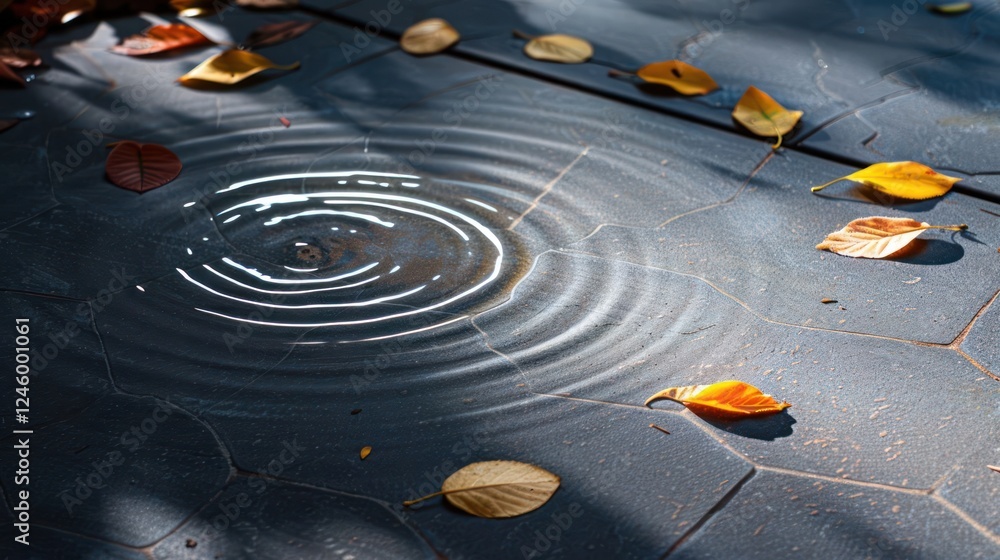 Poster raindrops creating ripples on a tiled surface surrounded by fallen autumn leaves in a serene setting