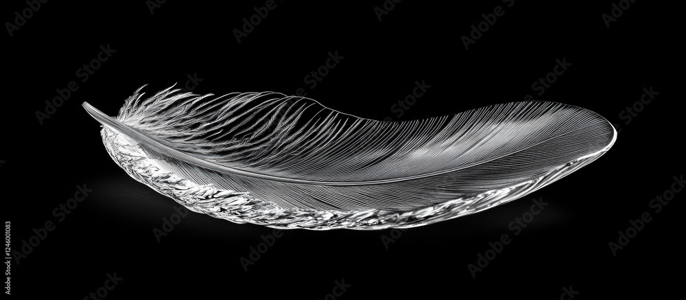 Poster delicate feather gracefully resting on a solid black surface showcasing intricate details and textur
