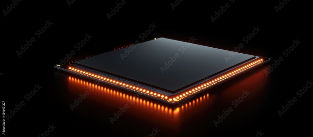 Poster futuristic microchip with glowing edges on black background ideal for technology or innovation relat