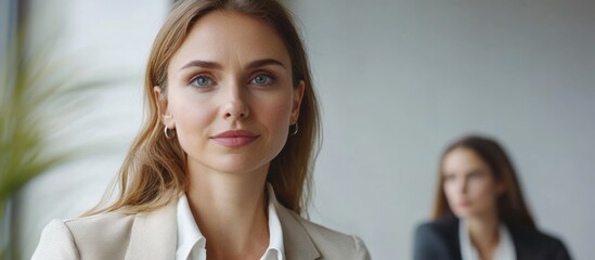 Professional female leader observing young manager in conference room during training session with space for text or branding