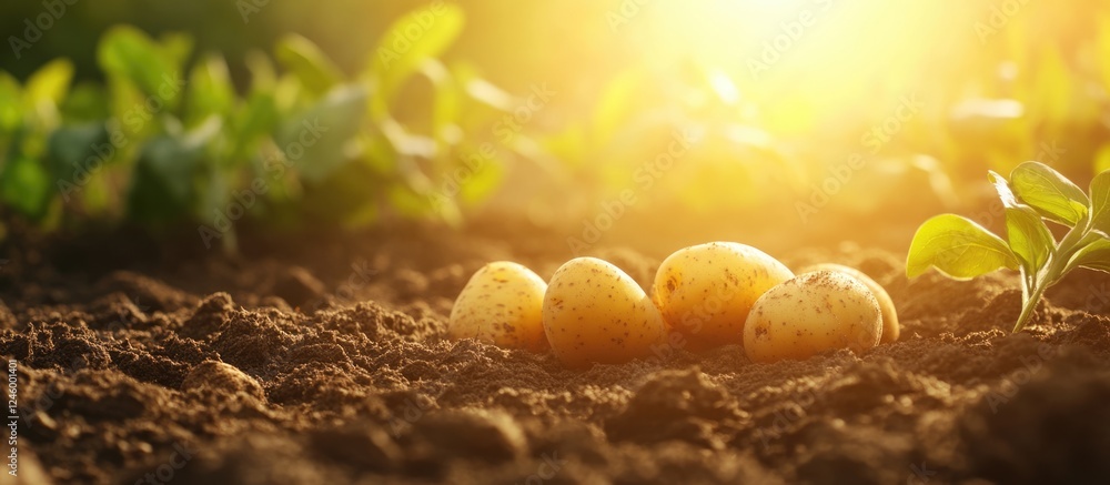 Poster freshly harvested potatoes resting in soil with sunlight illuminating the scene and providing ample 