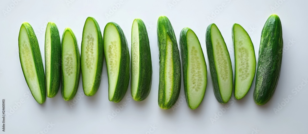 Poster fresh cucumber slices arranged on a white background showcasing their vibrant green color and crisp 