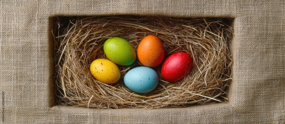Poster colorful easter eggs nestled in a straw nest on burlap background creating a festive holiday atmosph