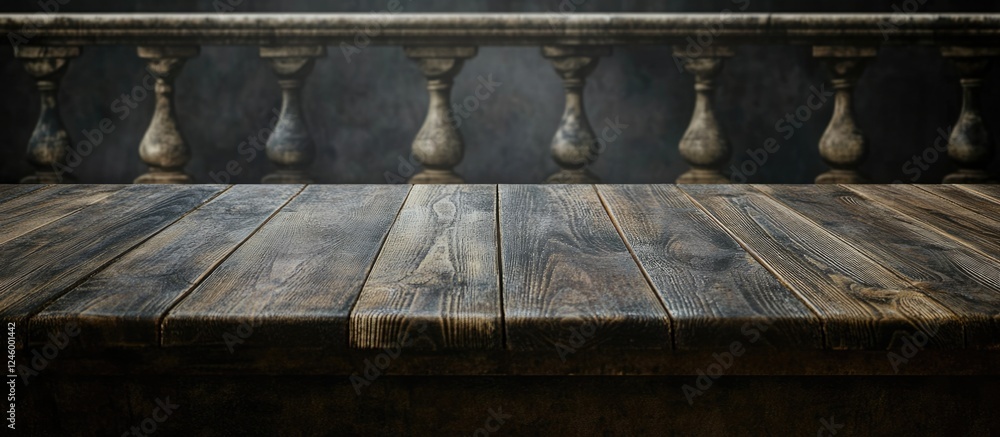 Poster wooden tabletop with balcony elements ideal for displaying products or text in a sophisticated setti