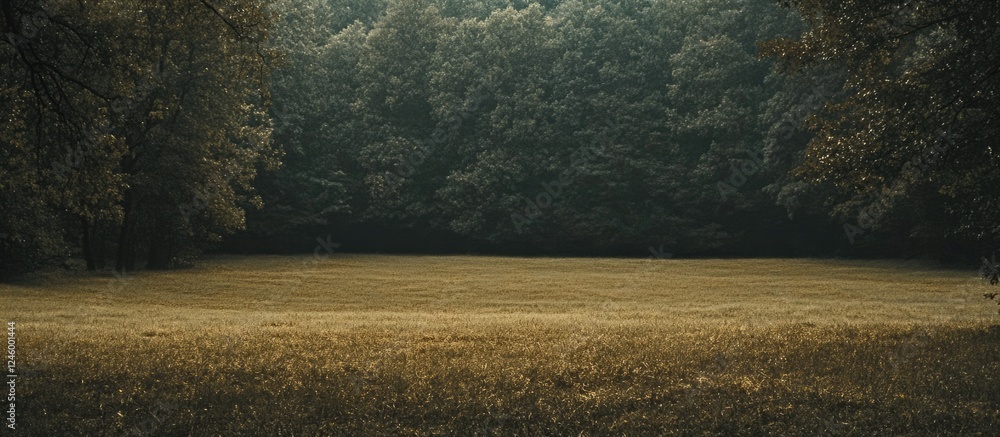 Poster spacious empty field bordered by trees providing ample space for text and creative design in a seren