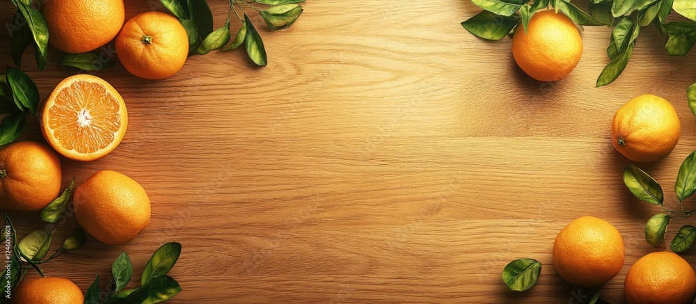 Poster fresh tangerines on wooden surface surrounded by green leaves with empty space for text or design el
