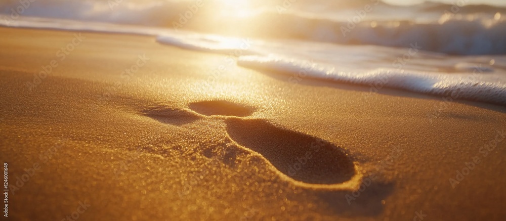 Aufkleber footprint in the sand at sunset with gentle waves creating a serene beach scene symbolizing solitude