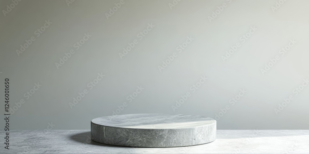 Poster grey stone pedestal on table in minimalist interior design for product display with ample copy space