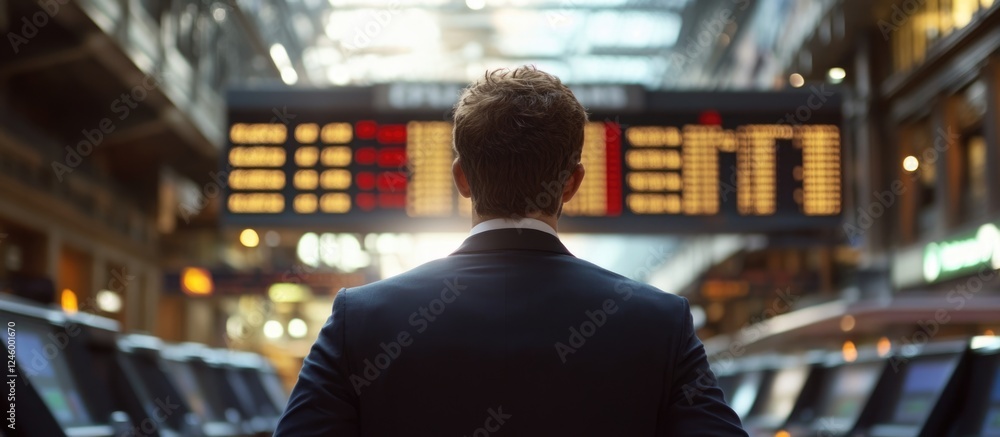 Poster financial broker in banking and market analytics analyzing data with empty copy space for text in a 