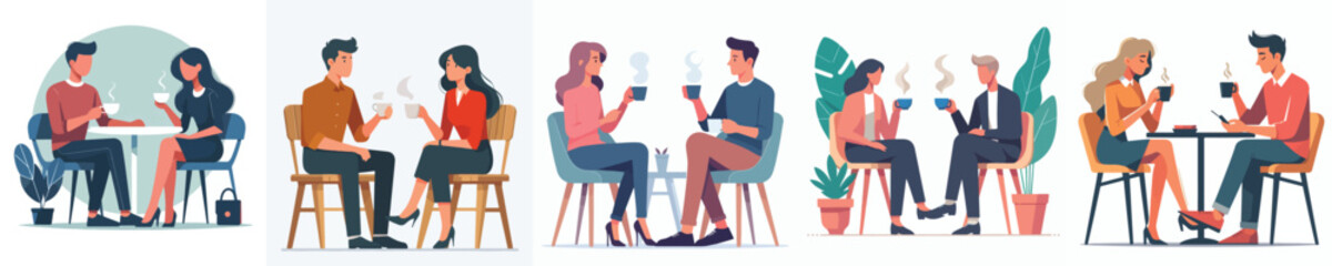 vector set of young couple sitting drinking coffee