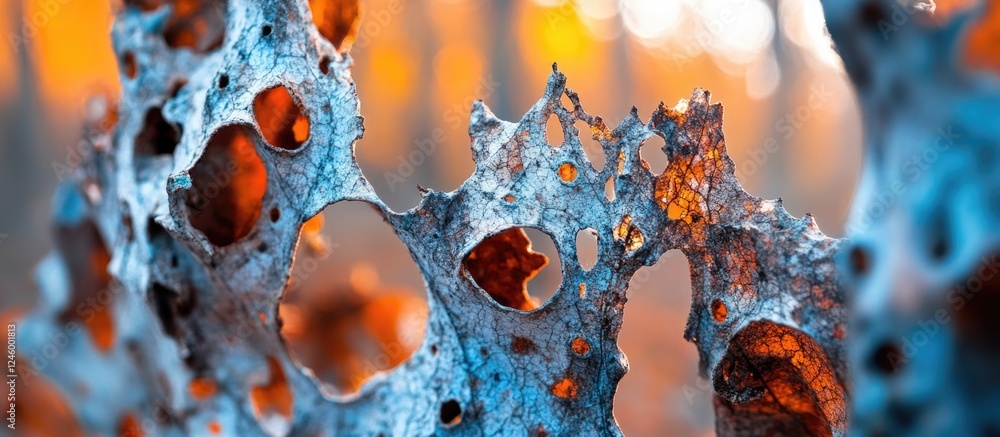 Poster macro close-up of intricate patterns in decaying leaves showcasing vibrant autumn colors in a forest
