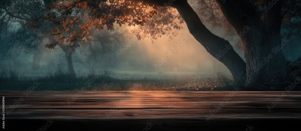 Poster serene empty wooden table against blurred forest background with soft lighting perfect for text plac