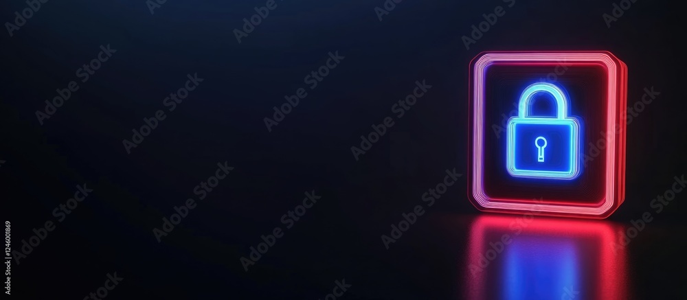 Poster neon lock icon representing cryptocurrency security with glowing blue and red lines on dark backgrou
